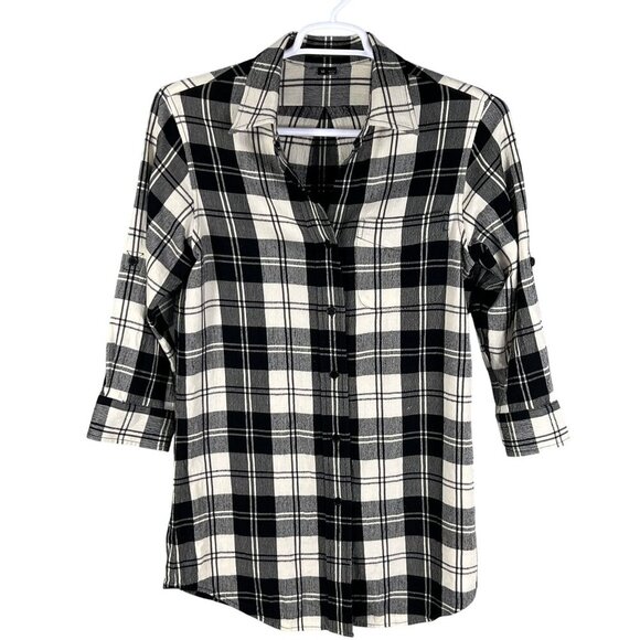 Theory Women 10 Black White Tartan Plaid Button Up Tunic Shirt Virgin Wool Blend - Picture 6 of 15